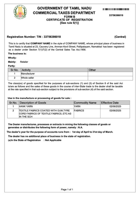 Download India Tamil Nadu certificate of registration Word and PDF template Photoshop template